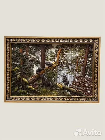 На память: Резное панно «Мишки в лесу» 49×70 см