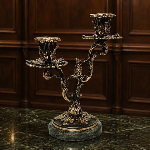 Подсвечник «Клён» из бронзы и змеевика — необычный подарок